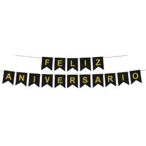 Banderin "Feliz Aniversario" Negro y dorado (12pz)