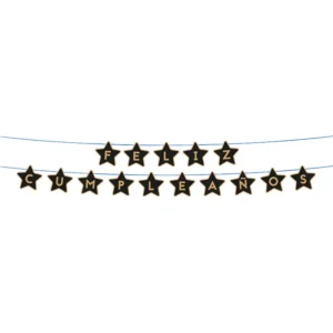 Banderin "Feliz Cumpleaños" Estrellas Negro y Oro (12pz)